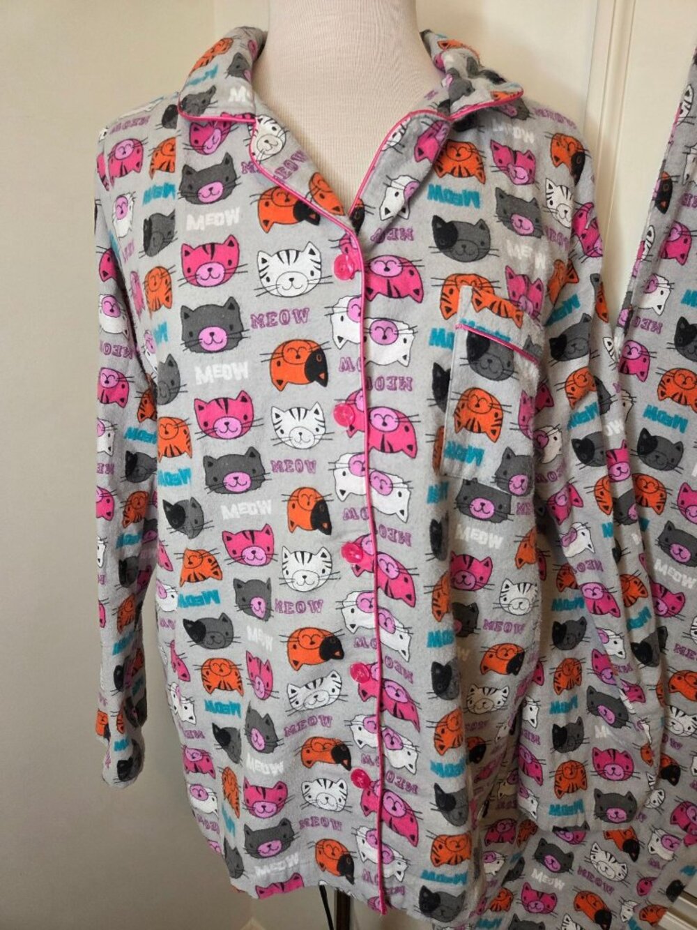 Joe Boxer Womens Cat Print Pajamas L Gray Button-Up Elastic Waist Pants Cotton - Picture 2 of 8